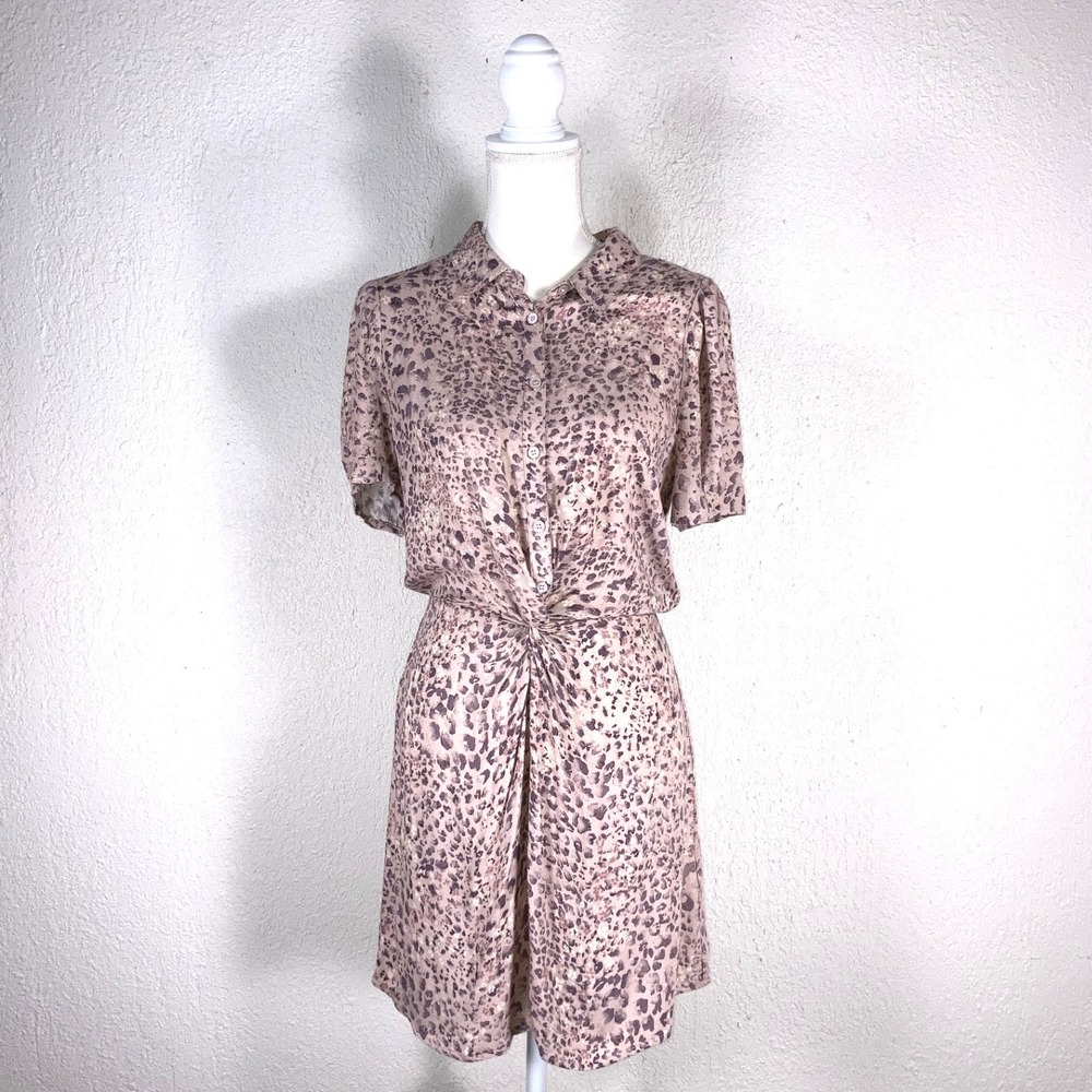 FATE Womens Mauve Leopard Print Twist Front Button Down Mini Dress Size M FD3581